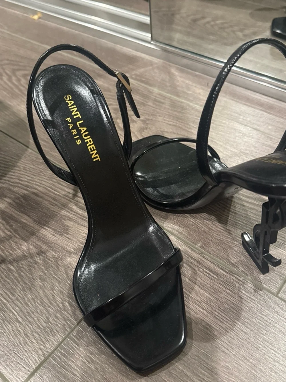 Saint Laurent Black Patent Leather YSL Logo Heel Sandals